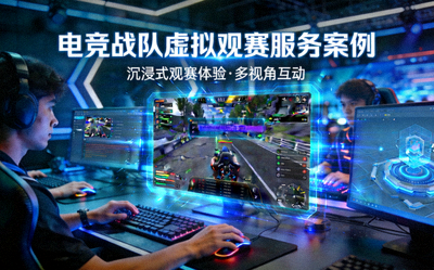 电竞战队虚拟观赛服务案例封面，电竞选手比赛与虚拟观赛界面叠加